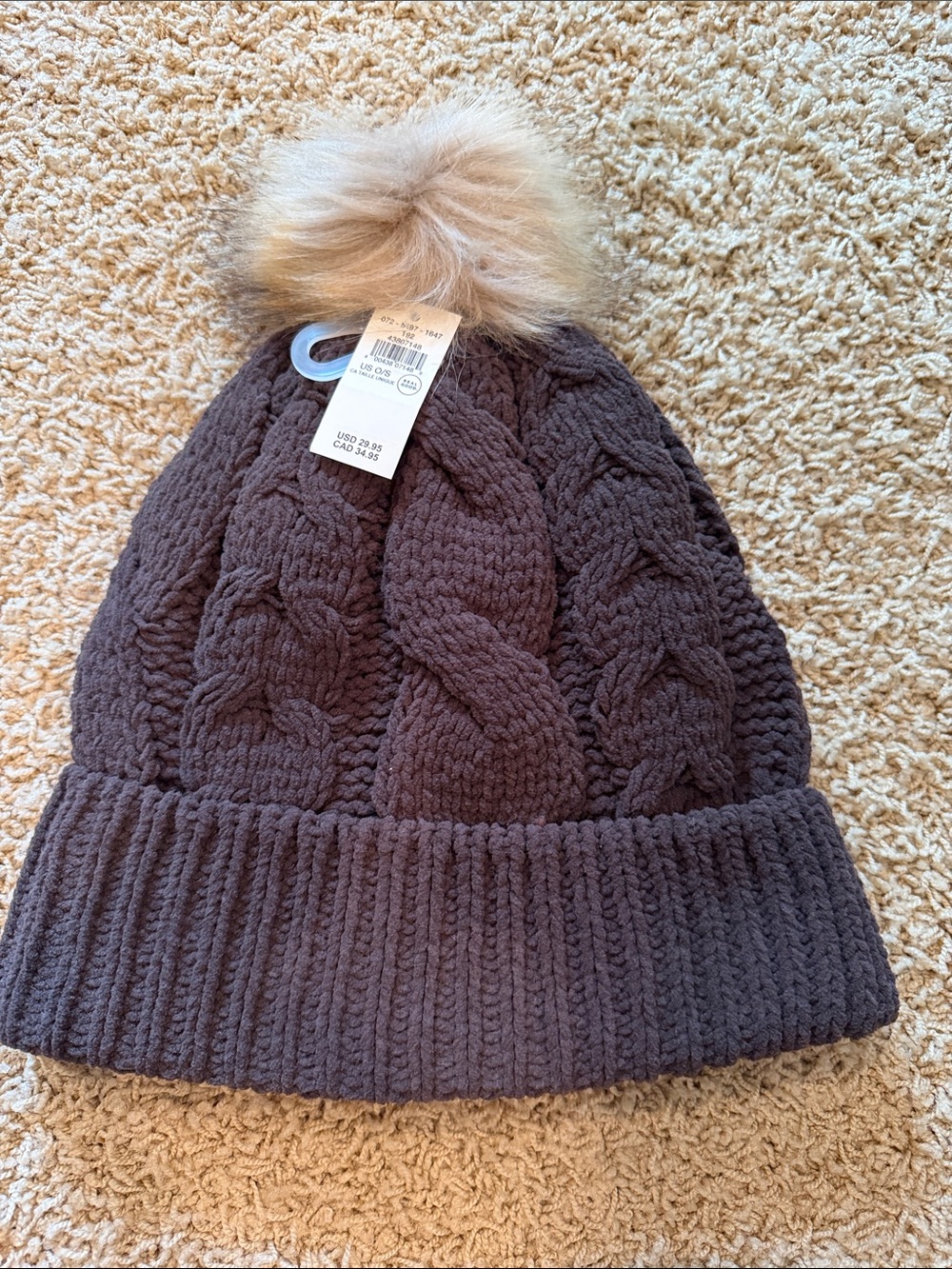aerie fleece-lined Cable Knit Pom Beanie in Brown with Faux Fur Pom